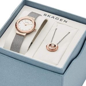 SKAGEN Denmark Leonora Crystal Watch + Necklace Gift Set NIB SKW1112 Japan $155
